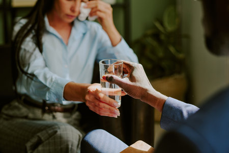 Emotional moment of comforting someone, by handing a glass of water in an indoor setting surrounded by serene environmentの写真素材