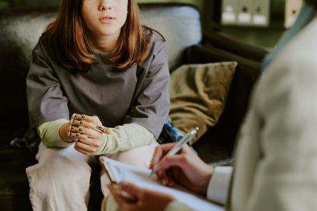 Young person engaging in therapy session with mental health professional in cozy office environment, showing attentive expressions and hand gestures while professional taking notes on clipboardの写真素材