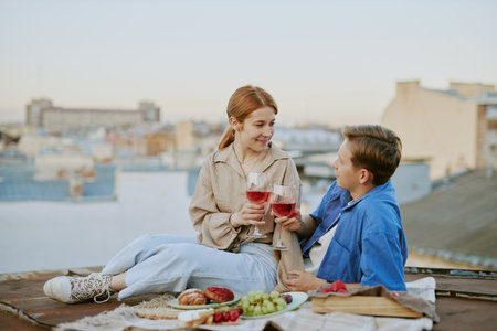 A couple sharing a romantic moment on rooftop, toasting with wine glasses amidst lunch spread while cityscape unfolds in background on clear day, embracing an intimate picnic experienceの写真素材
