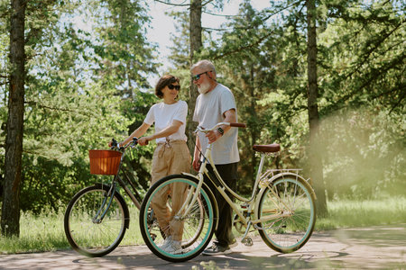 Modern senior couple having bicycle walk in local parkの写真素材