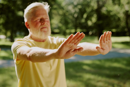 Medium close up of senior man hands in karate position, they illuminated with sun raysの写真素材