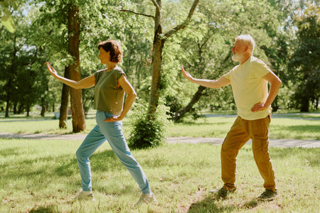 Retired loving couple practicing yoga together in park during summer daysの写真素材