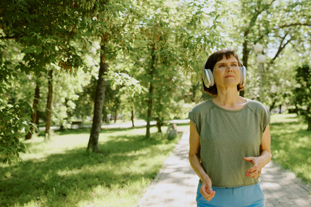 Senior brunette woman wearing silver headphones and doing cardio in parkの写真素材
