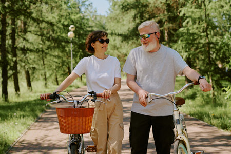 Lovely senior husband and his brunette wife walking with retro style bikes in parkの写真素材