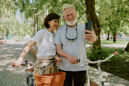 Senior couple standing in center of park and taking selfie together during bike walkの写真素材