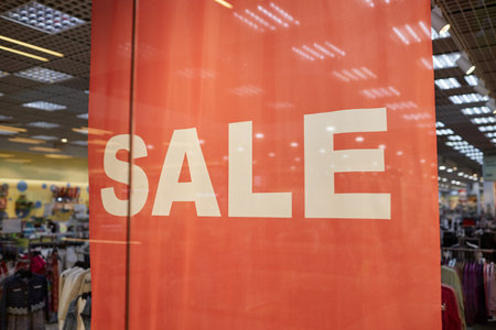 Red sale banner on storefront of clothing shop in spacious mall