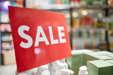 Medium close up of red sale banner in cosmetic shopの写真素材