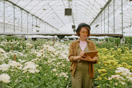 Woman standing among blooming flowers in large greenhouse, wearing hat and glasses, writing on clipboard with a focused expression, plants thriving aroundの写真素材