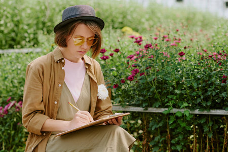 Person sitting in garden and sketching in notebook while surrounded by vibrant flowers. Relaxing in casual clothing and hat, enjoying calm and serene nature environmentの写真素材