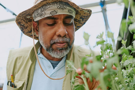 Man with gray beard and hat observing garden plants in greenhouse examining health and growth closely engaging in agricultural activityの写真素材
