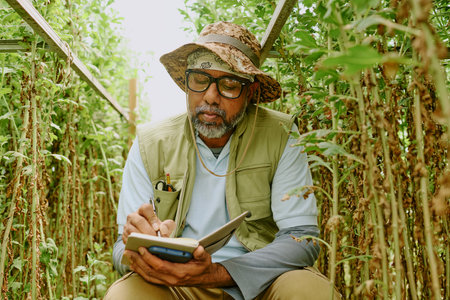 Man focused on capturing details in greenhouse surrounded by tomato plants. Researcher dressed in casual outdoor wear, deeply engaged in observation and note-takingの写真素材