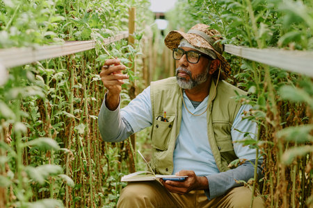 Senior man carefully examining tomato plants in greenhouse while taking notes in notebook, focusing on plant health and growth, wearing hat and glasses for protection in sunlightの写真素材