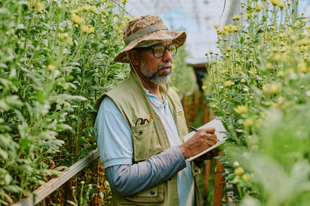 An African American man wearing hat and vest writing notes in greenhouse while observing plant growth and development around him with concentrationの写真素材