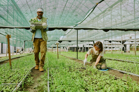 Man carrying plants and woman tending garden beds in well-organized greenhouse. Various plants growing under protective netting, creating vibrant agricultural atmosphereの写真素材