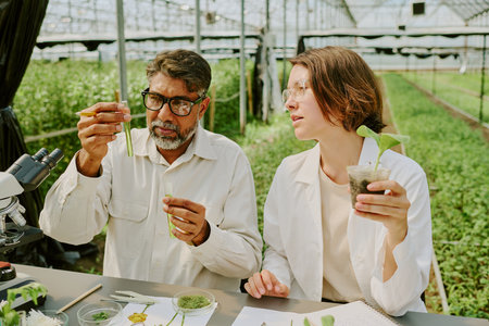 Two scientists, one wearing glasses, closely examining plant samples in laboratory. Various scientific instruments and notebooks are presentの写真素材