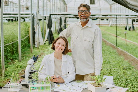 Hispanic woman and African American man standing in modern greenhouse laboratory wearing lab coats and smiling. Workspace shows laboratory equipment, plants, and research documentsの写真素材