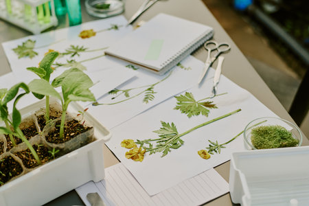 Hands documenting and observing freshly picked and rooted plants on desk. Various tools like scissors, notebook, and test tubes are scattered around with focus on plant lifeの写真素材