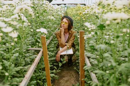 Contemplative person crouching among blooming white flowers in organized garden with thoughtful lookの写真素材