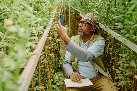 Elderly African American gardener using smartphone while inspecting plants in greenhouse wearing camouflage hat and vest with notes in handの写真素材