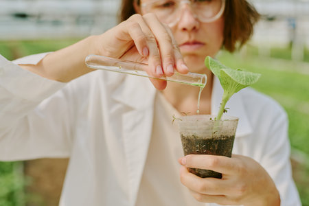Scientist conducting research by applying liquid from test tube to plant in greenhouse setting, focusing on agricultural innovation and plant science researchの写真素材