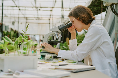 Researcher conducting observations of plant samples under microscope inside glasshouse maintaining focus and precision while documenting results and analyzing data with commitmentの写真素材