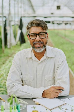 Portrait of smiling scientist wearing glasses and sitting at table in greenhouse with plant samples and notes on table in foregroundの写真素材