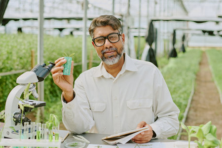 Researcher in greenhouse setting examining plant samples with microscope and tools, holding leaf in one hand and clipboard in other, surrounded by lab equipment and greeneryの写真素材