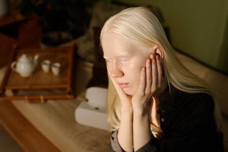 High angle view medium closeup of young Caucasian woman with albinism sitting on sofa with eyes closed in morningの写真素材