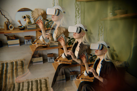 Multiple exposure shot of girl with albinism experiencing virtual reality via headset device while spending time at homeの写真素材