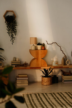 Vertical no people shot of part of living room interior decorated with houseplants, books and various objects on wooden shelf in morning lightの写真素材