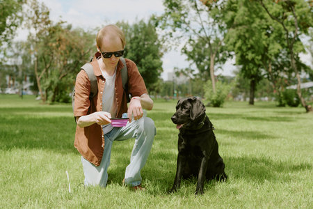 Caucasian man with disability holding pink dog bowl while black Labrador looking at itの写真素材