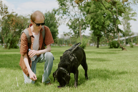 Caucasian blind man holding bottle of pure water and watching his black Labrador drinkingの写真素材