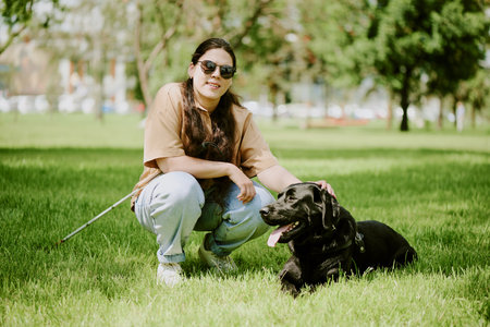 Portrait of young woman with disability petting her black Labrador while they posing for photoの写真素材