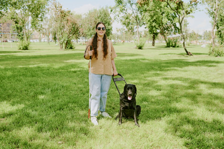 Young Caucasian woman with disability enjoying sunny day while spending time with her guide dog in parkの写真素材