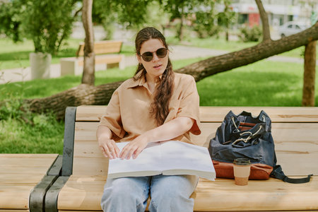 Young brunette woman with disability wearing sunglasses and reading Braille novel while enjoying warm day in local parkの写真素材
