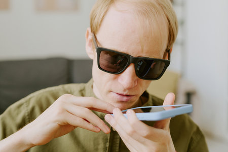 Medium close up of blind man recording voice messageの写真素材
