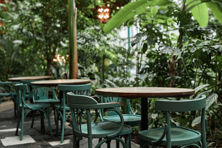 Wooden table and chairs in empty cafe with huge number of plantsの写真素材