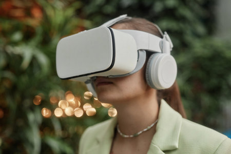 Medium close up of young woman with white VR headset in eco cafe