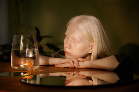 Medium closeup of Caucasian girl with albinism relaxing at wooden table with mirrors and pet goldfish in aquarium on itの写真素材