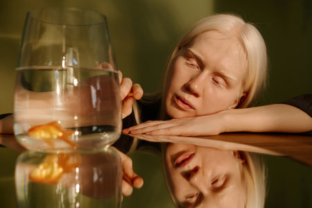 Medium closeup conceptual portrait of young woman with albinism posing for camera at table with mirror on it, watching pet goldfish swimming in small aquariumの写真素材