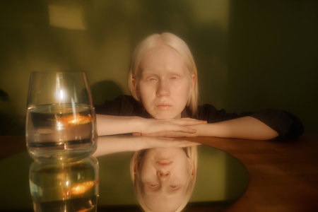 Unusual girl with albinism posing for portrait with mirror reflection and goldfish in aquarium in warm morning lightの写真素材