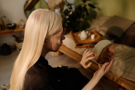 High angle view of young woman with long white hair looking in mirror expressing self-love and self-acceptanceの写真素材