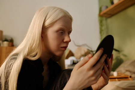 Medium closeup of gen Z woman with albinism holding round mirror in hands and looking in itの写真素材