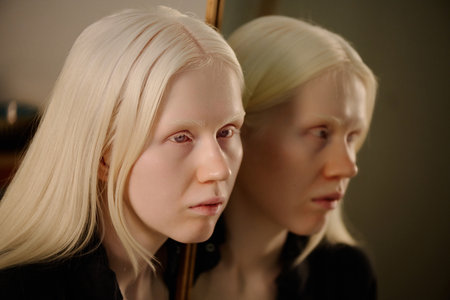 Conceptual portrait of young Caucasian woman with albinism posing for camera with mirror reflectionの写真素材