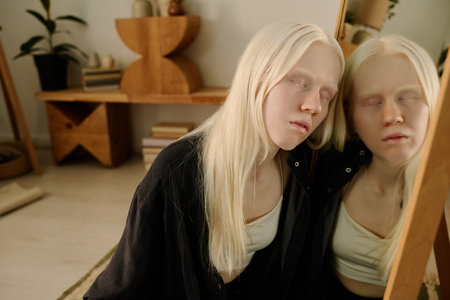 Conceptual portrait of young woman with albinism sitting on floor and leaning onto mirror with eyes closed, copy spaceの写真素材