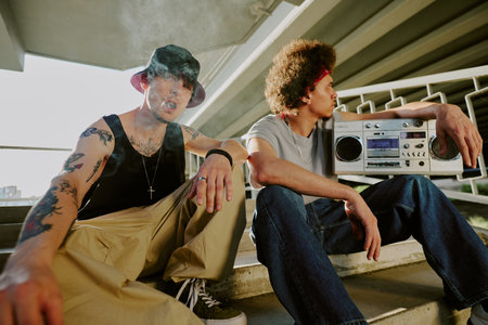 Guys partying together and sitting on stairs, young man smoking while curly haired one holding tape recorderの写真素材