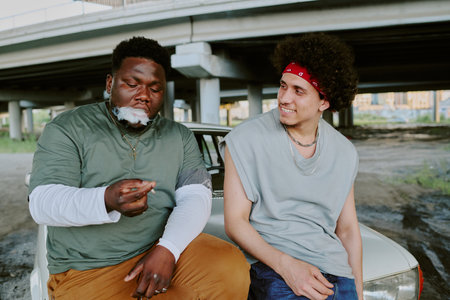 Biracial mates having fun together, brutal man smoking and looking at cigaretteの写真素材