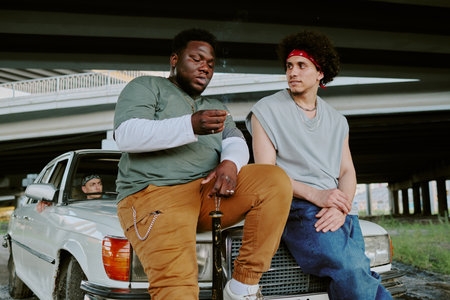 Biracial old friends leaning on white car while communicating with each otherの写真素材
