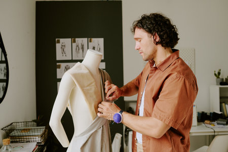 Curly haired tailor doing dart on fabric painstakingly in modern atelierの写真素材