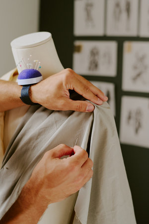 Unrecognizable male hands holding cotton fabric and needle while doing darts
